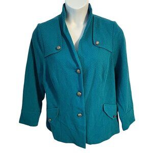 Joan Rivers 1X Teal Long Sleeve Blazer Jacket Textured Decorative Gold Buttons